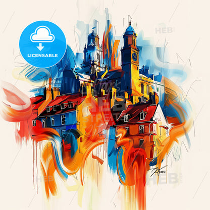 Vibrant Sale, England - A Painting Of A Building With A Clock Tower