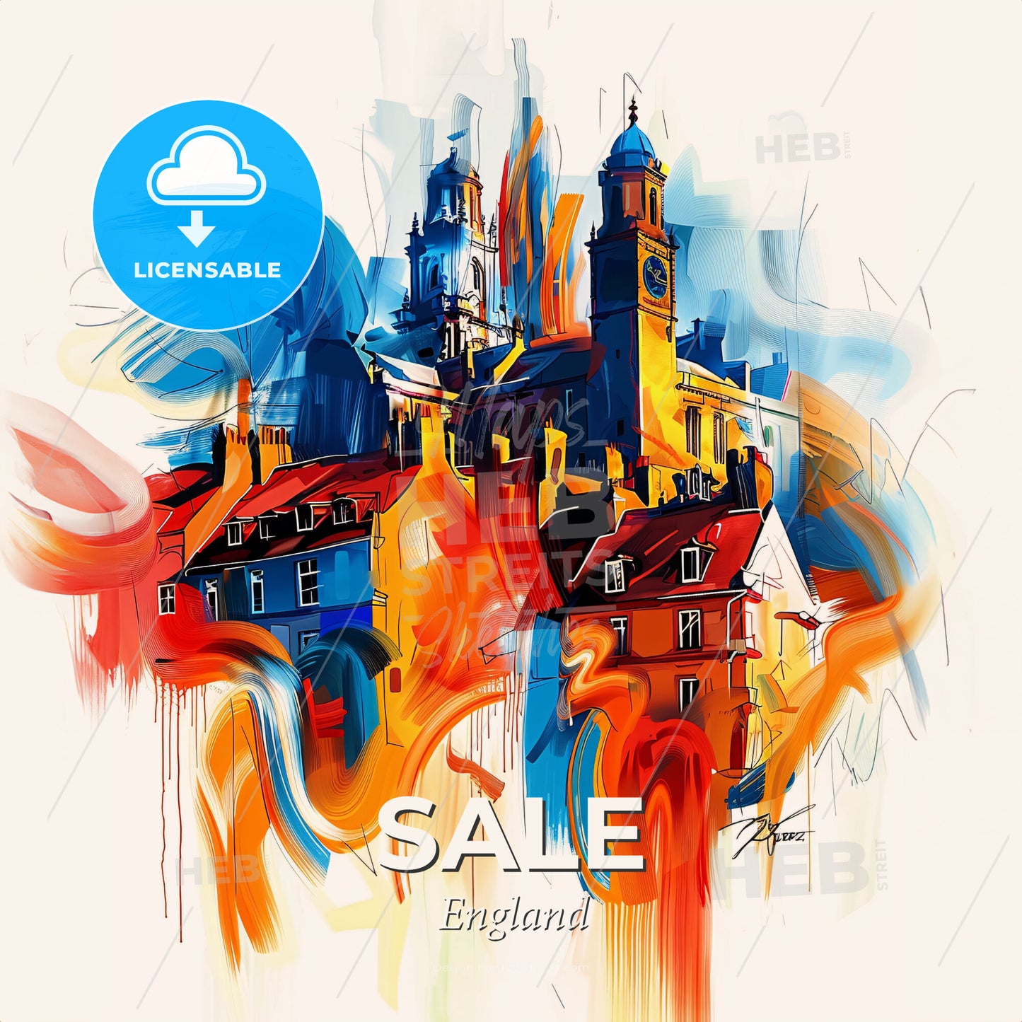 Vibrant Sale, England - A Painting Of A Building With A Clock Tower - Square format print template