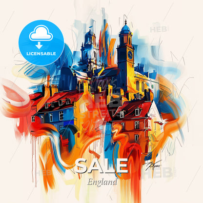 Vibrant Sale, England - A Painting Of A Building With A Clock Tower - Square format print template