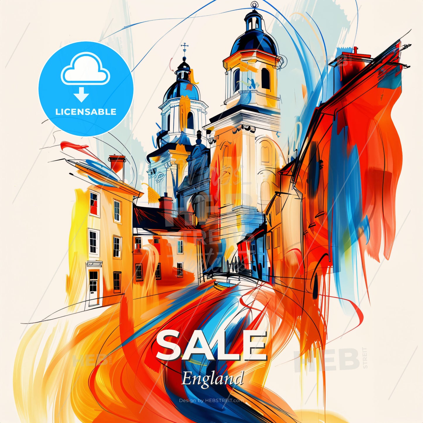 Vibrant Sale, England - A Painting Of A Building With A Colorful Background - Square format print template