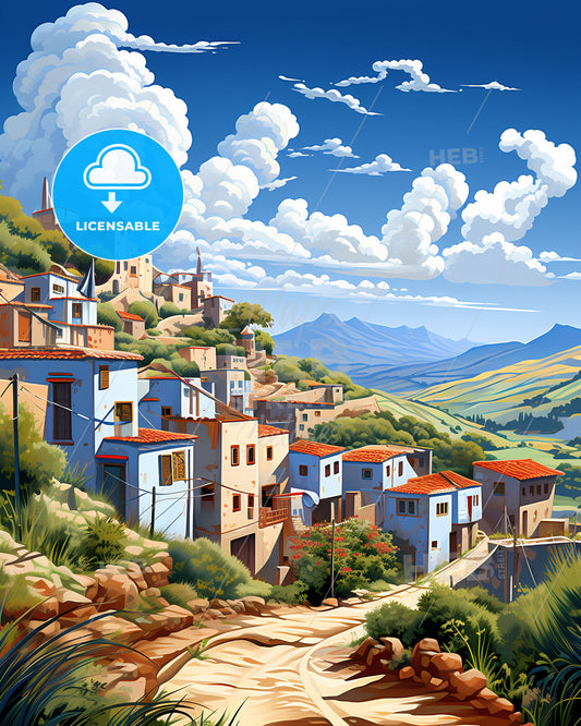 Vibrant Painting: Morocco Skyline Village Hilltop Art