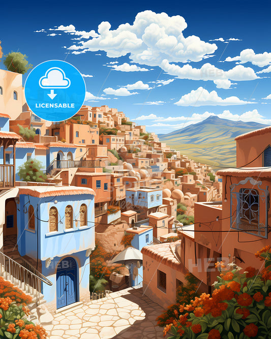 City Skyline Panorama Urban Artwork Vibrant Painting Colorful Houses Hillside Architecture Morocco