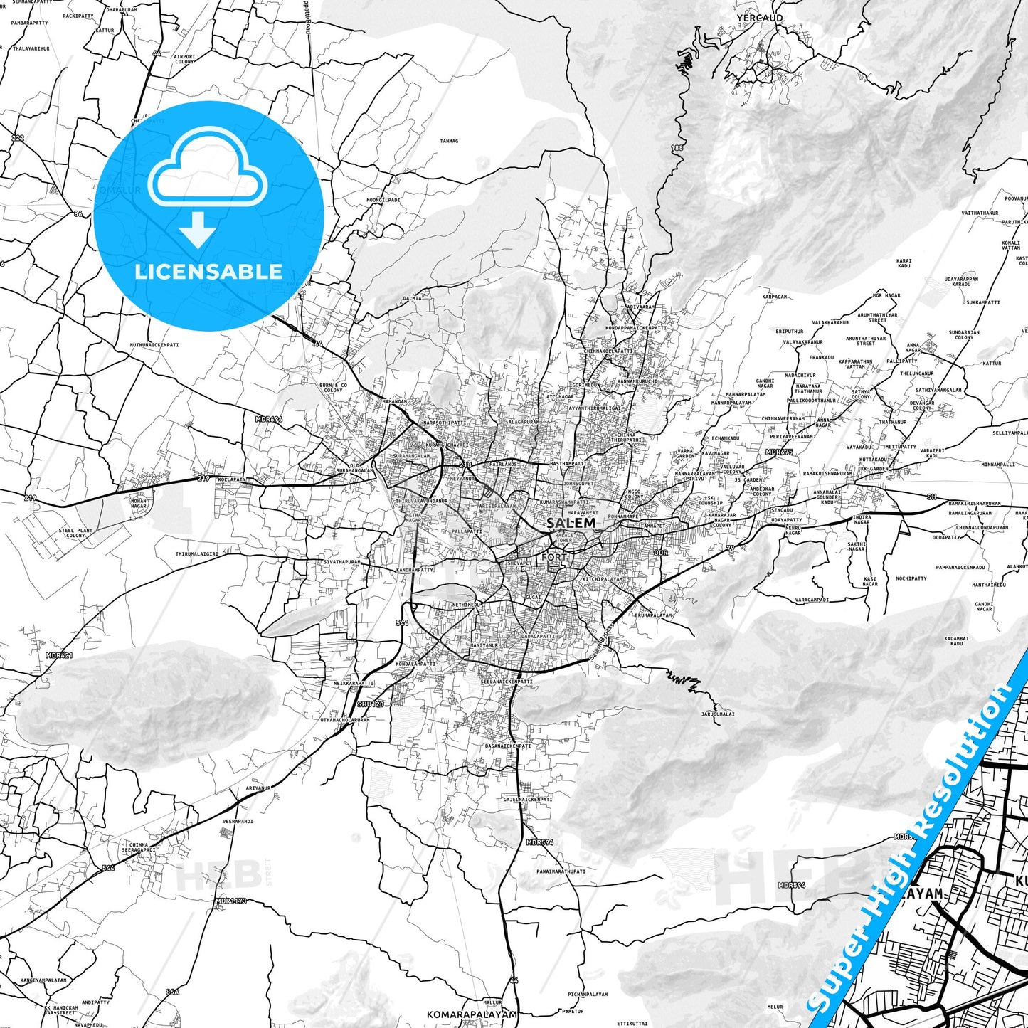 Salem, India light map with streetnames, citynames and districts