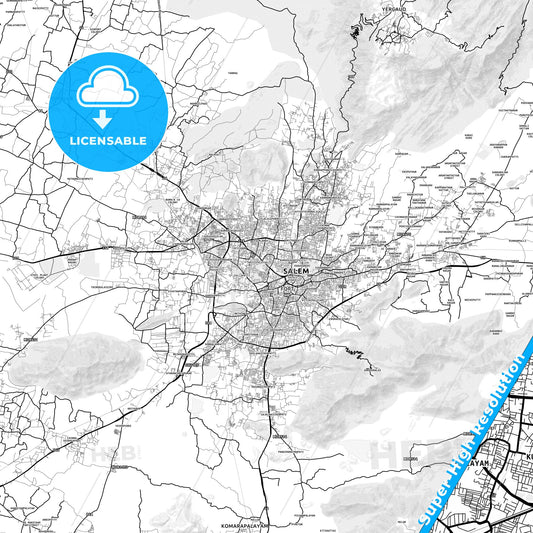 Salem, India light map with streetnames, citynames and districts