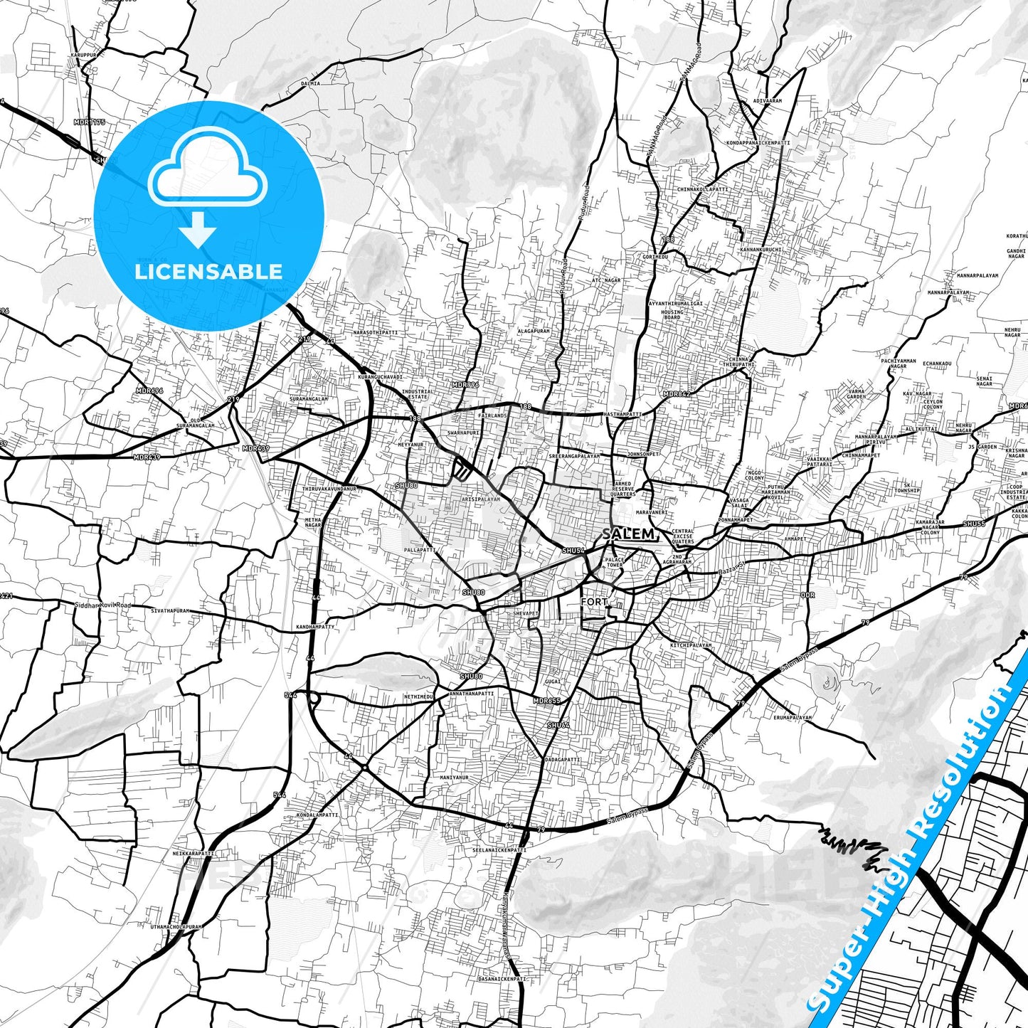 Salem, India Light Map with Street Names, City Names, and Districts