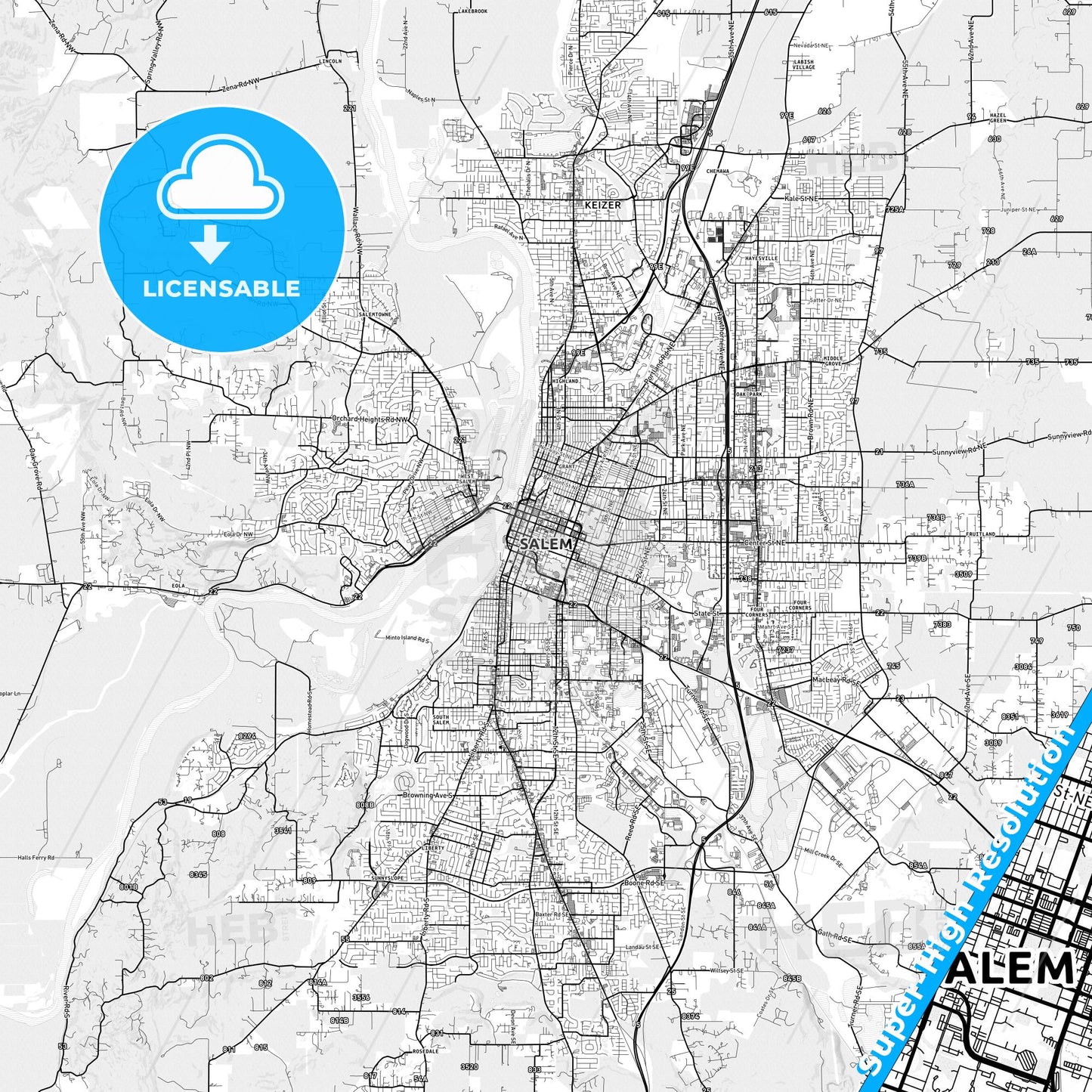 Salem, Oregon light map with streetnames, citynames and districts