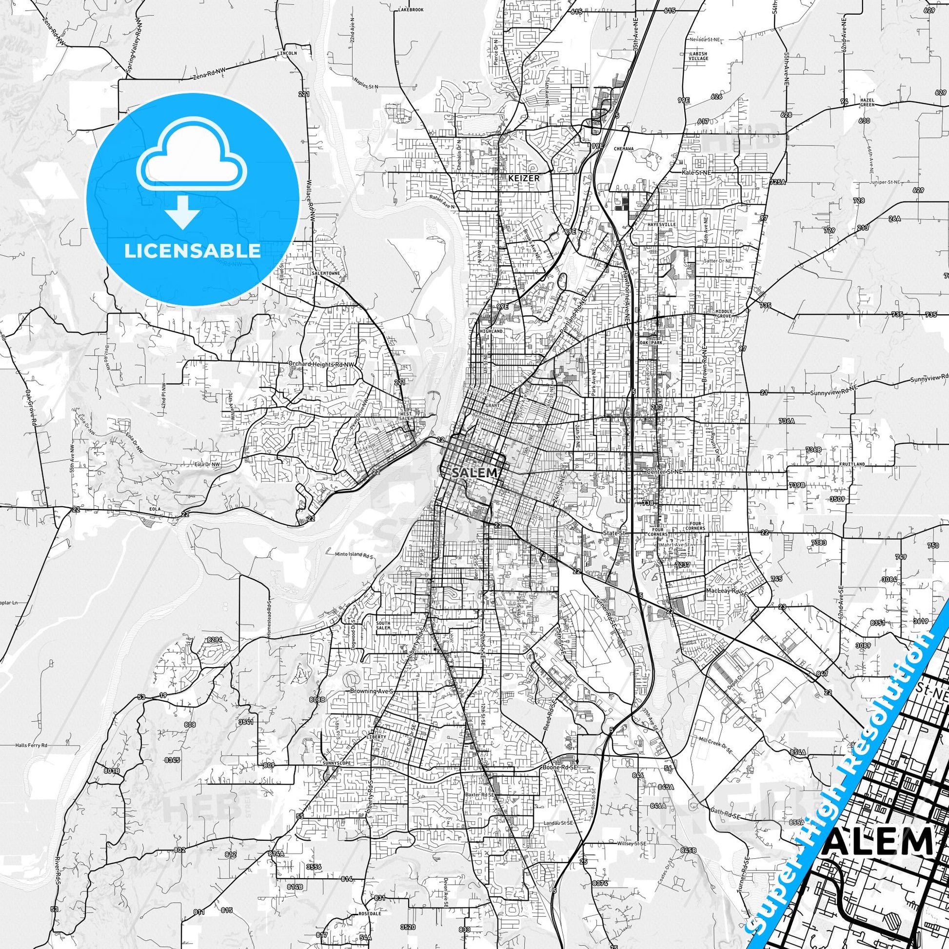 Salem, Oregon light map with streetnames, citynames and districts