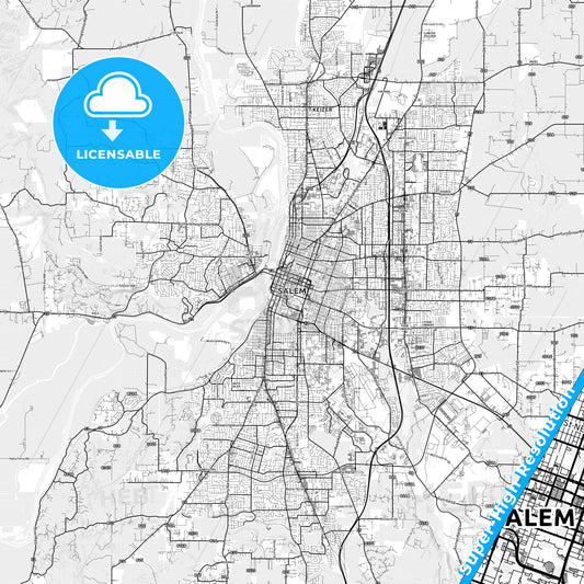 Salem, Oregon light map with streetnames, citynames and districts