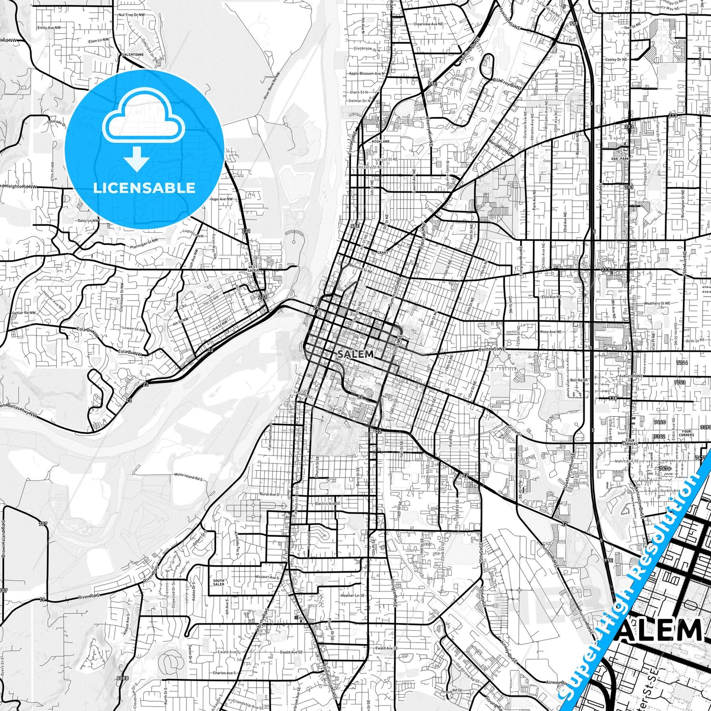 Salem, Oregon Light Map with Street Names, City Names, and Districts