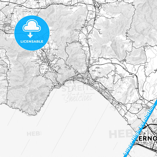 Salerno, Italy light map with streetnames, citynames and districts