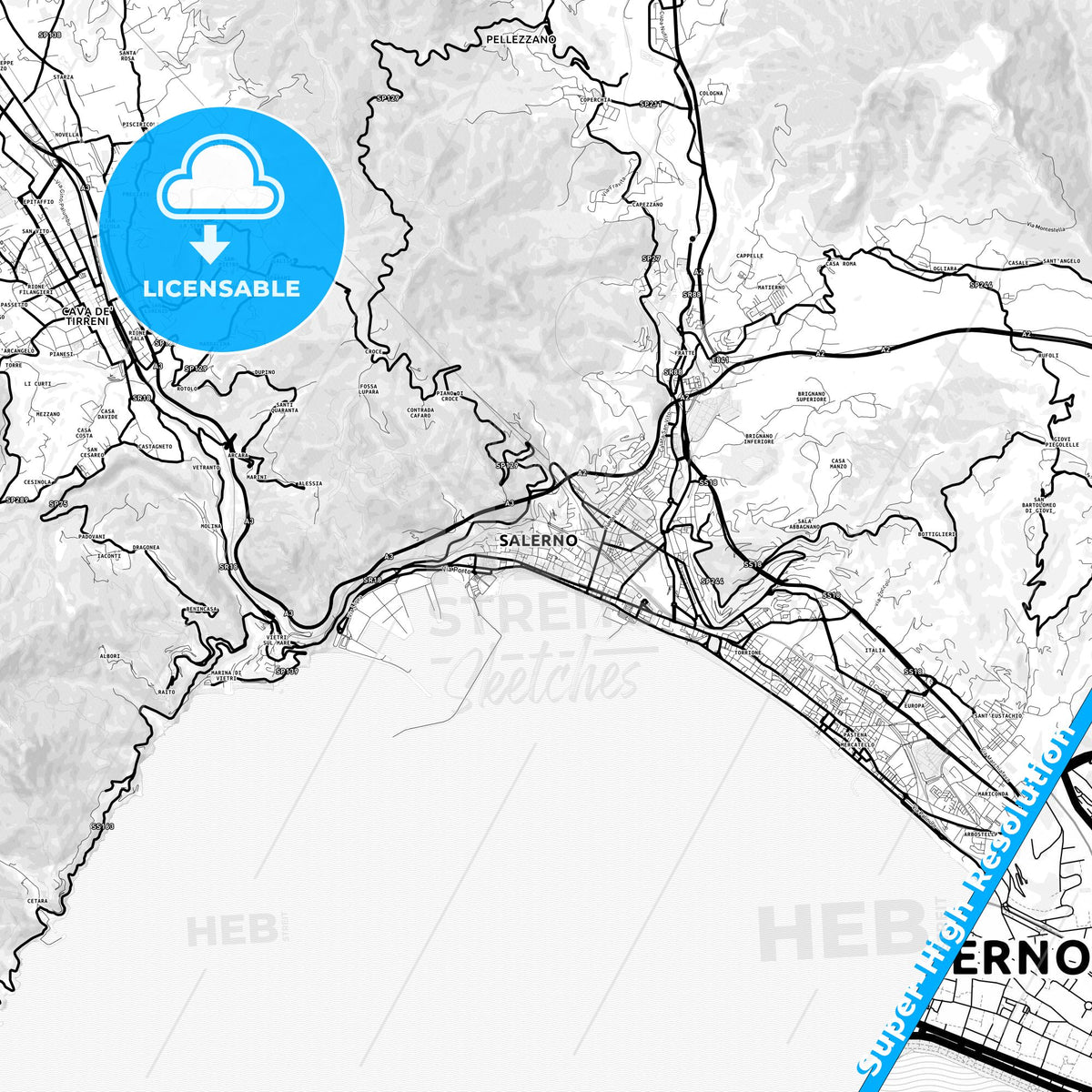 Salerno, Italy Light Map with Street Names, City Names, and Districts