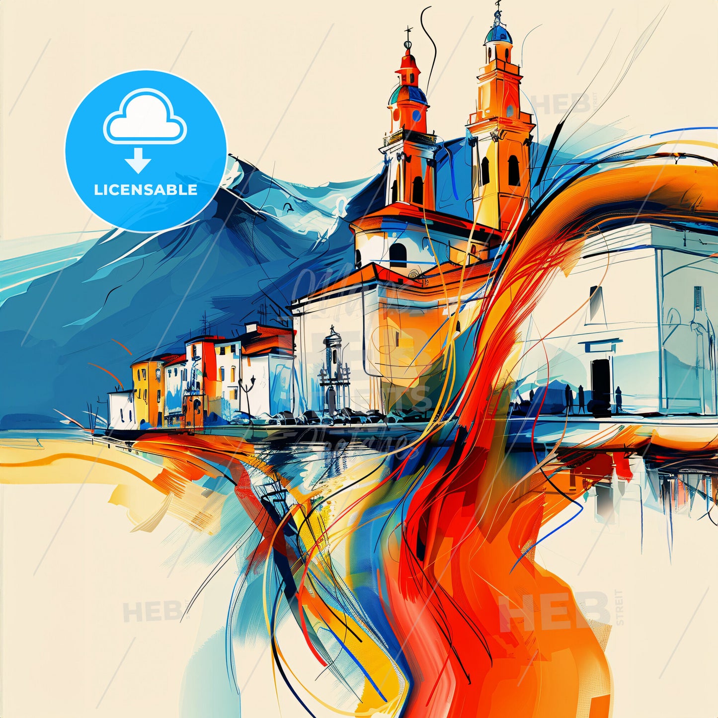 Vibrant Salerno, Italy - A Painting Of A Building With A Mountain In The Background