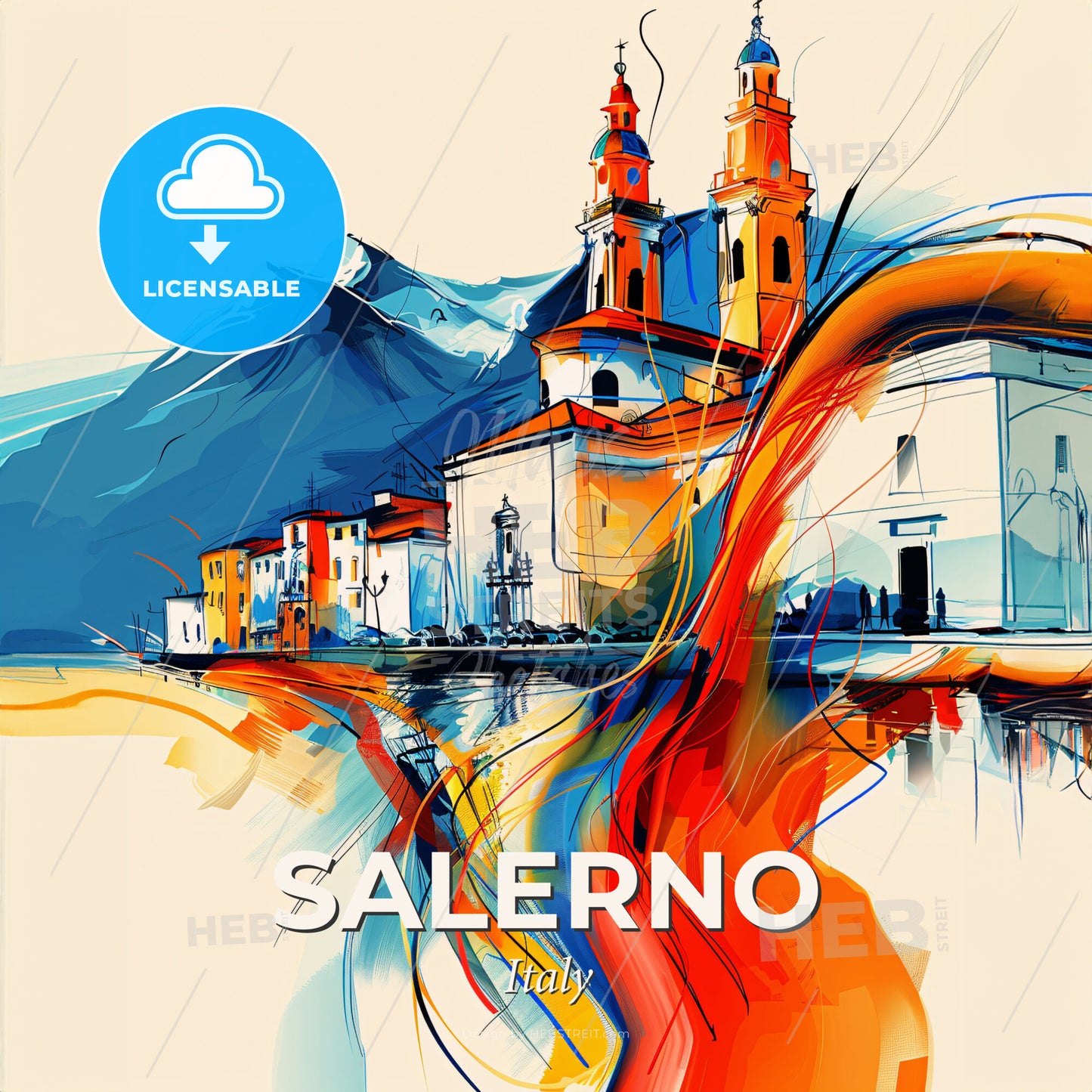 Vibrant Salerno, Italy - A Painting Of A Building With A Mountain In The Background - Square format print template
