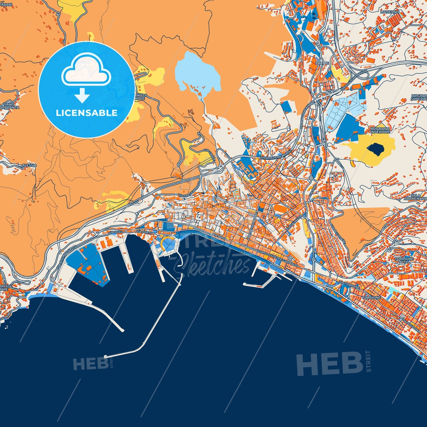 Colorful Salerno Street Map with Labels and Buildings