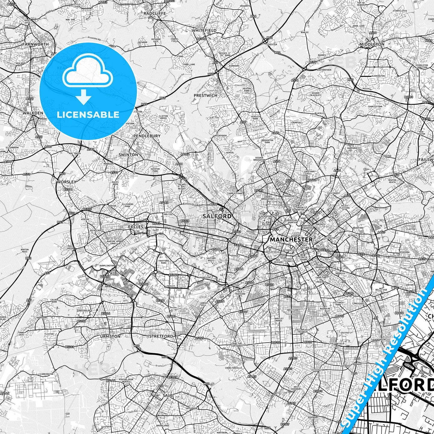 Salford, England light map with streetnames, citynames and districts