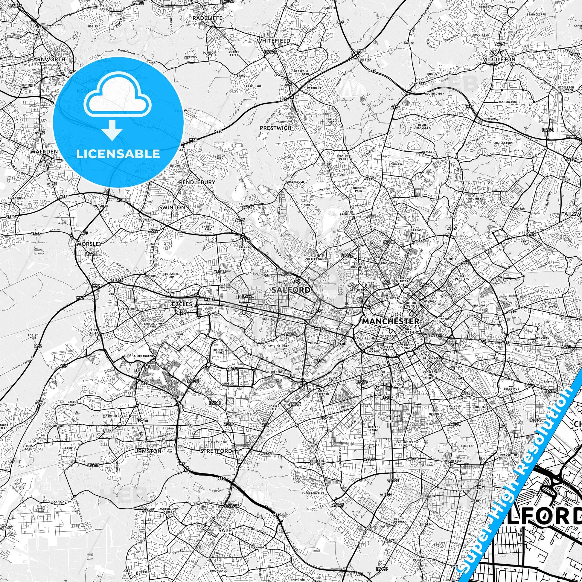 Salford, England light map with streetnames, citynames and districts
