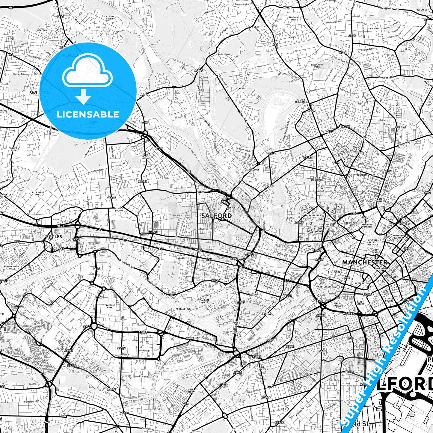 Salford, England Light Map with Street Names, City Names, and Districts