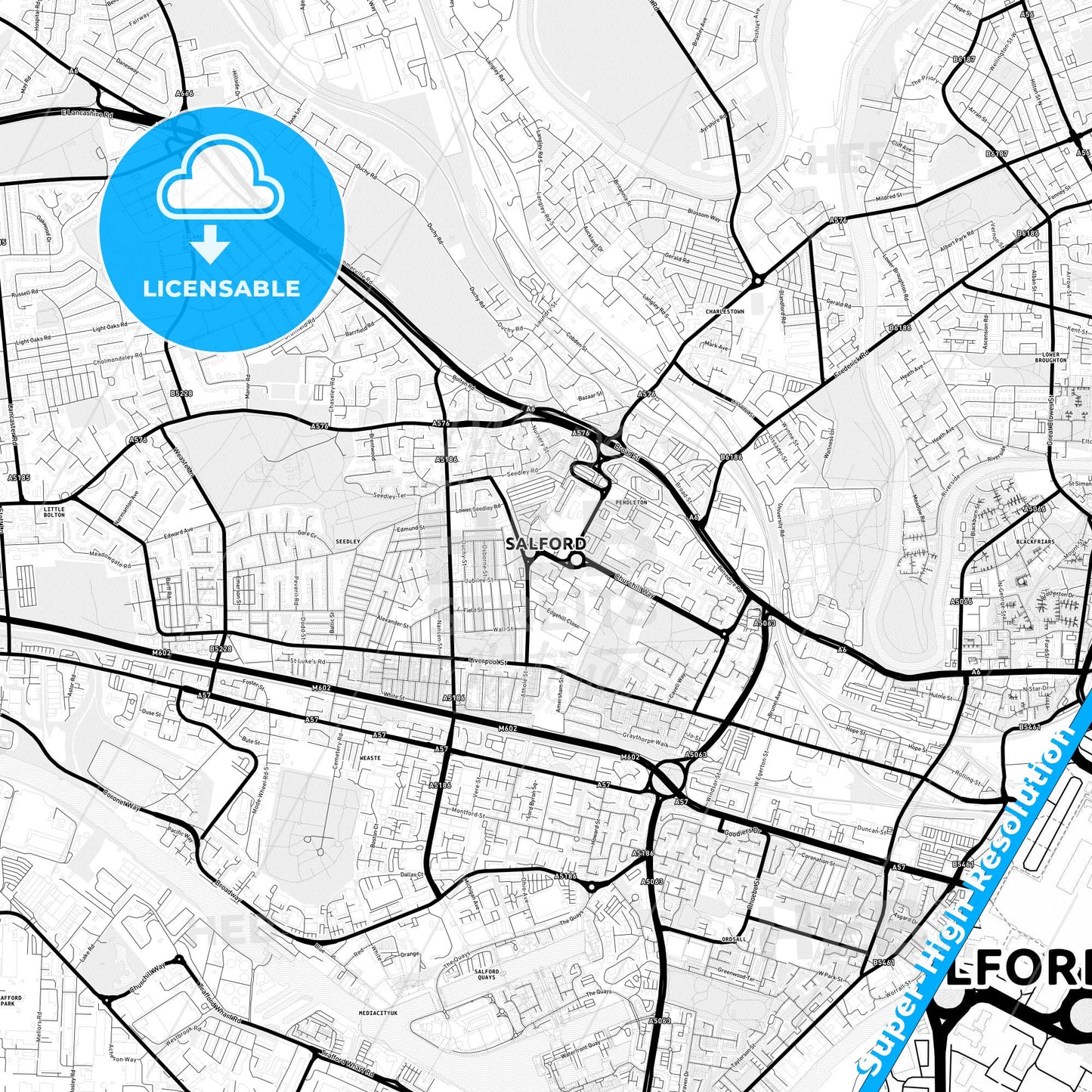 Salford, England Light Map with Street Names, City Names, and Districts
