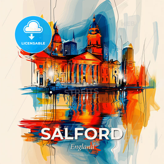 Vibrant Salford, England - A Painting Of A Building With A Tower And A Body Of Water - Square format print template