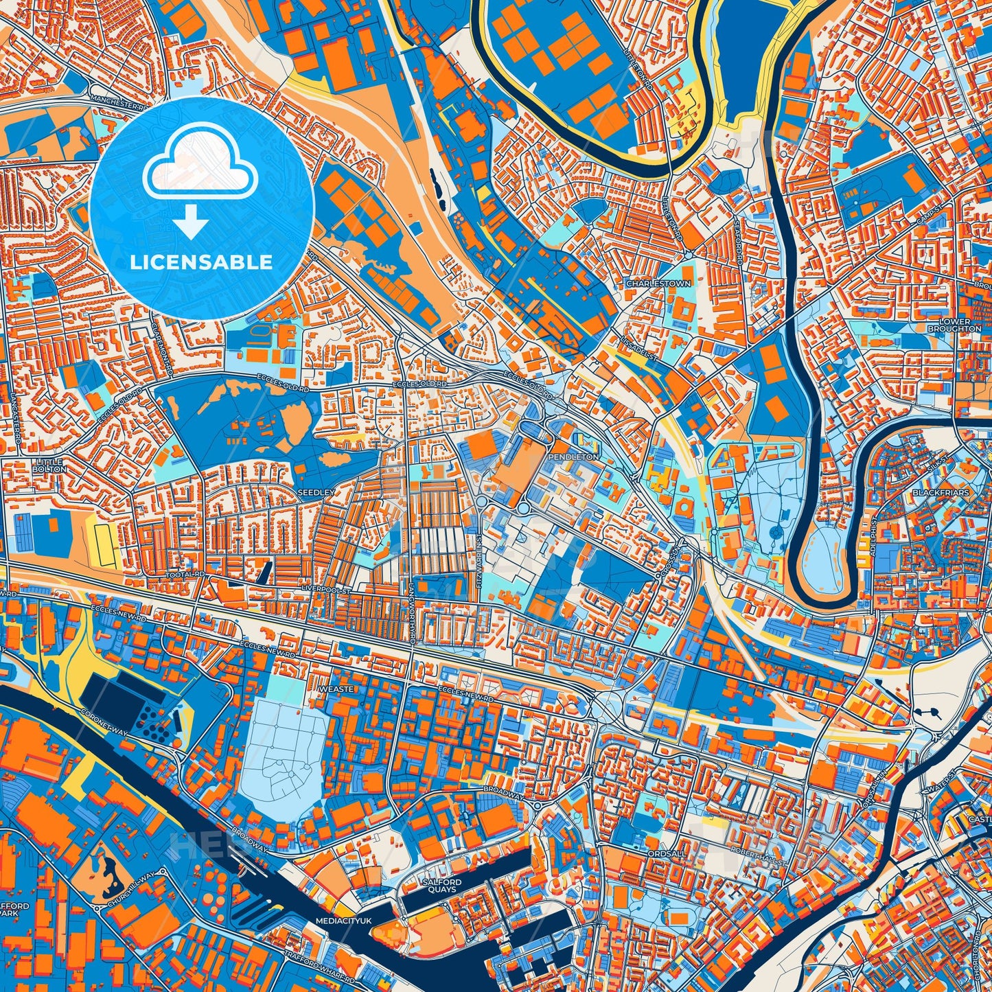 Colorful Salford Street Map with Labels and Buildings
