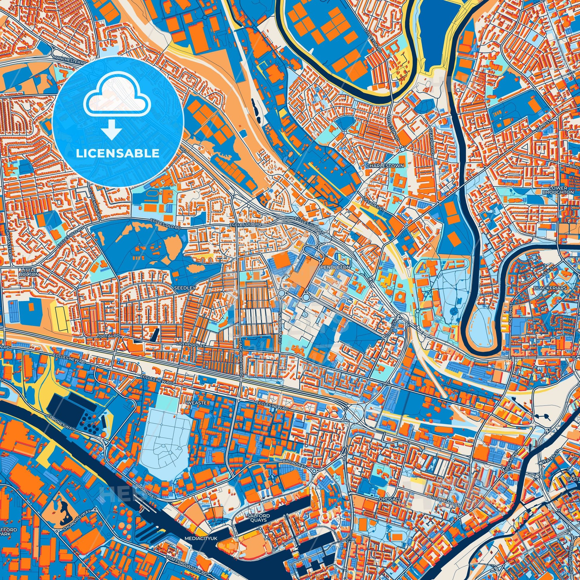 Colorful Salford Street Map with Labels and Buildings