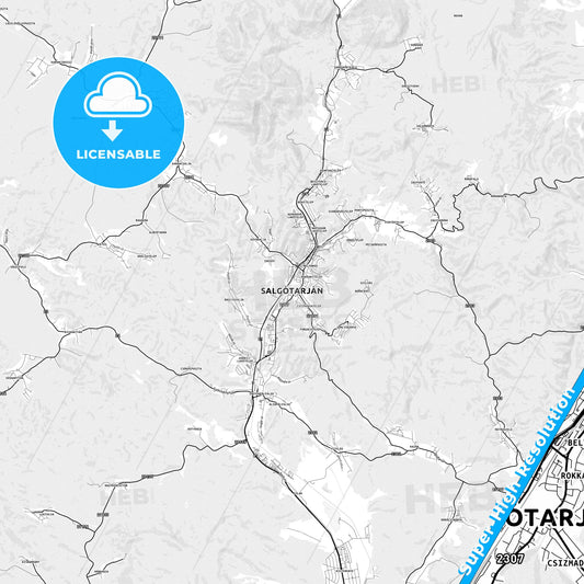 Salgótarján, Hungary light map with streetnames, citynames and districts