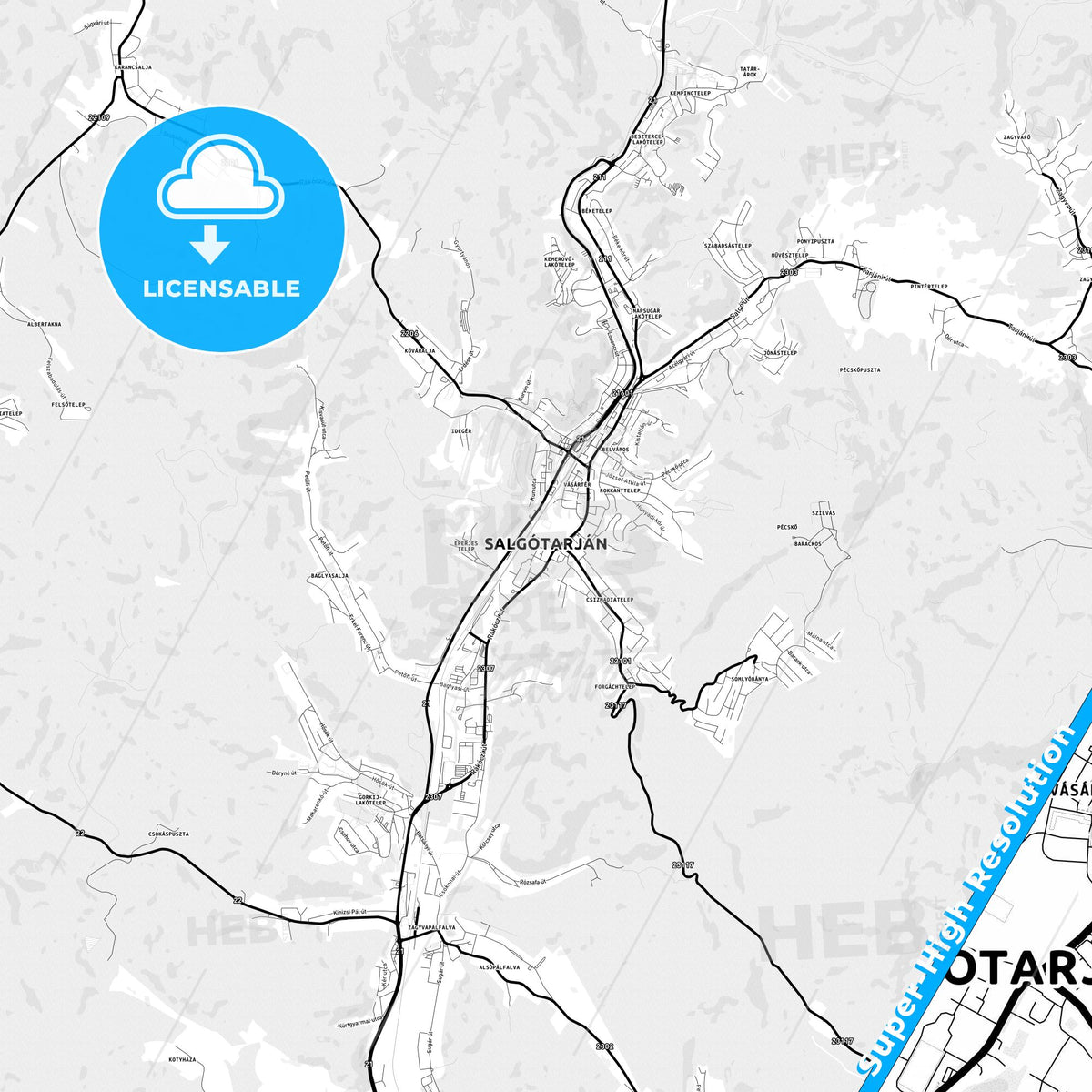 Salgótarján, Hungary Light Map with Street Names, City Names, and Districts