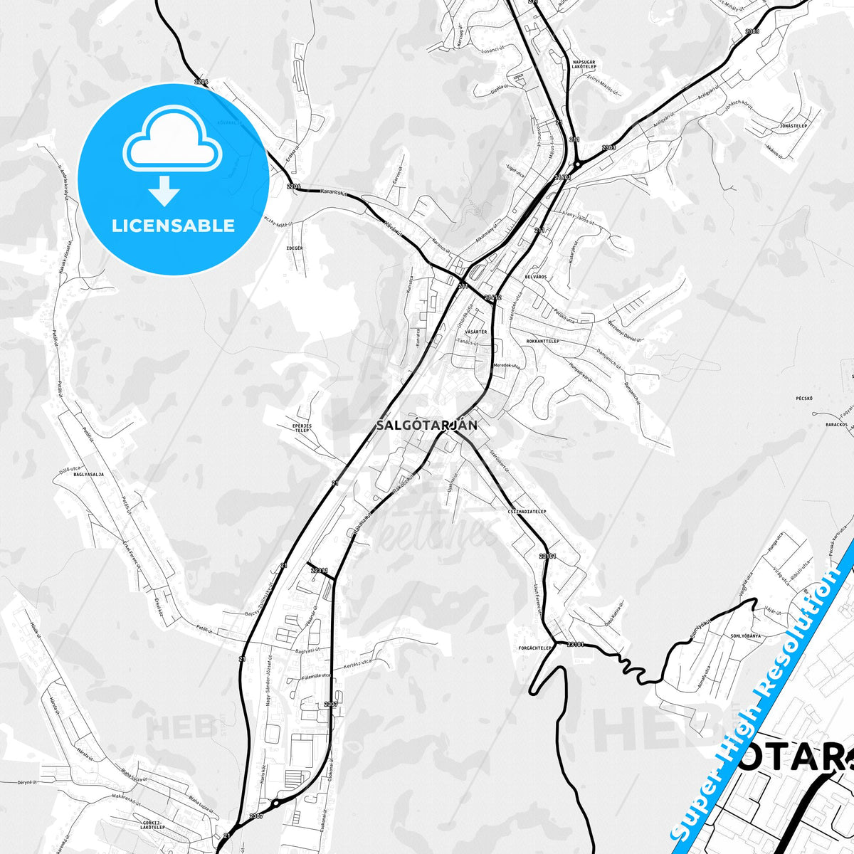 Salgótarján, Hungary Light Map with Street Names, City Names, and Districts