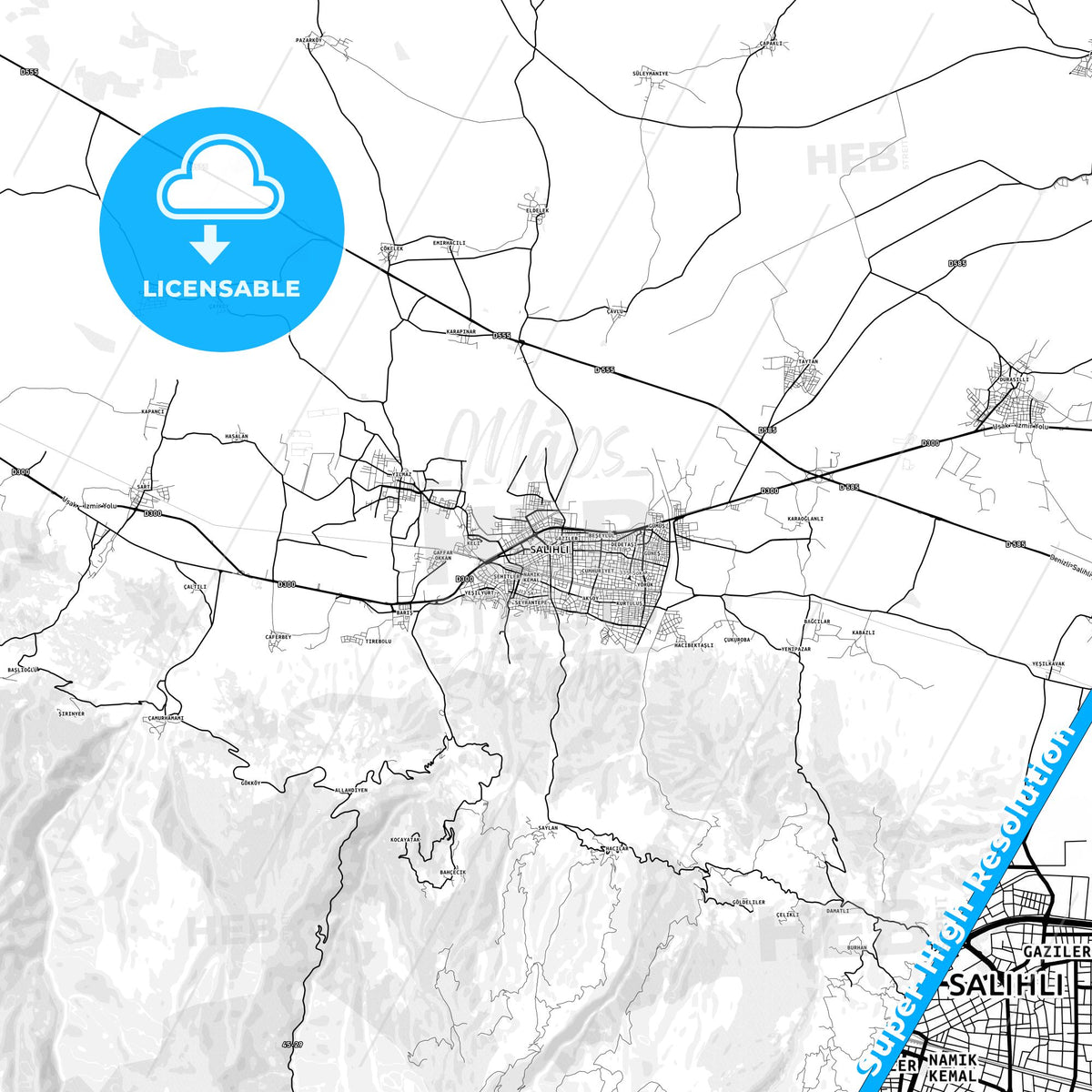 Salihli, Turkey light map with streetnames, citynames and districts
