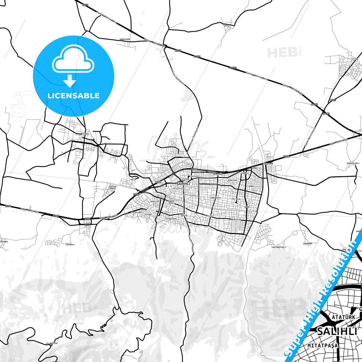 Salihli, Turkey Light Map with Street Names, City Names, and Districts