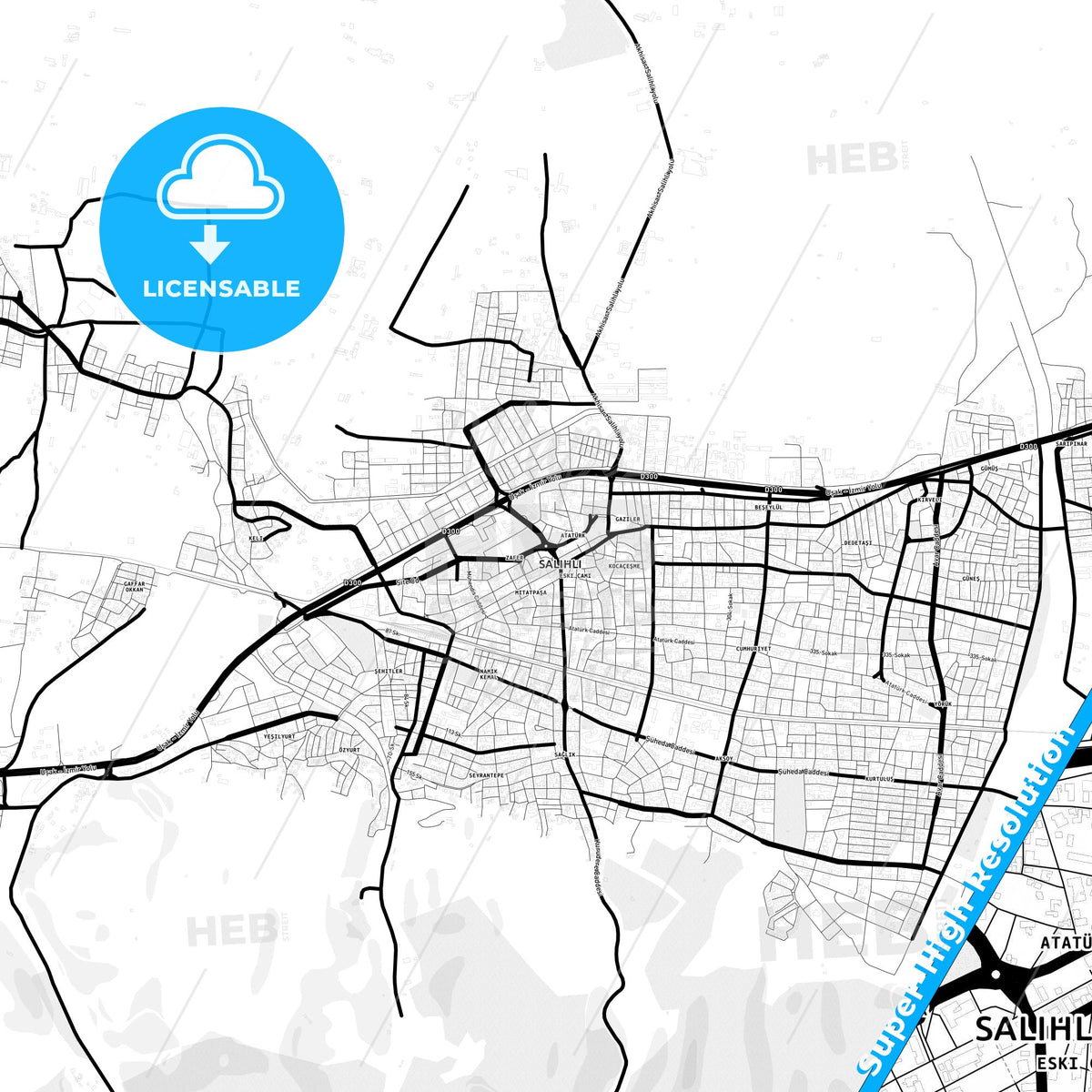 Salihli, Turkey Light Map with Street Names, City Names, and Districts