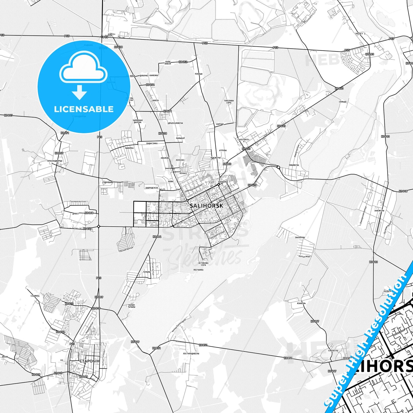 Salihorsk, Belarus light map with streetnames, citynames and districts