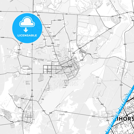Salihorsk, Belarus light map with streetnames, citynames and districts