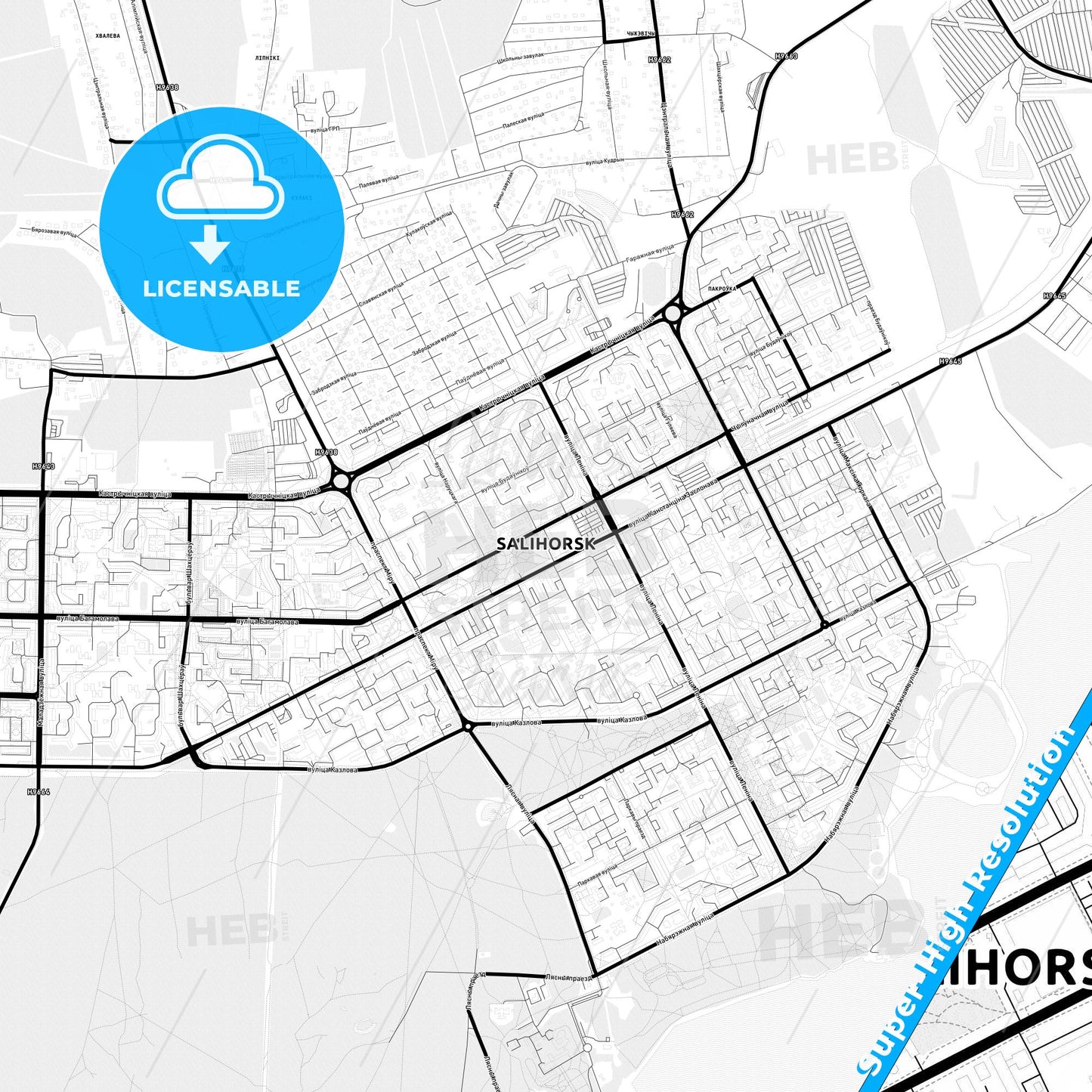 Salihorsk, Belarus Light Map with Street Names, City Names, and Districts