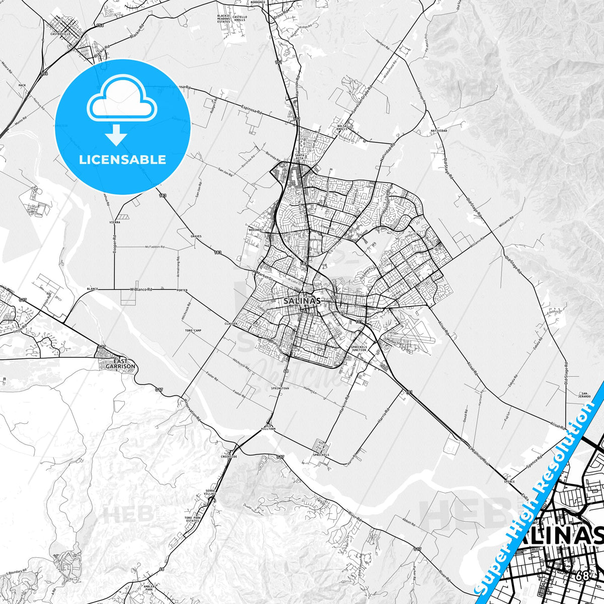 Salinas, California light map with streetnames, citynames and districts