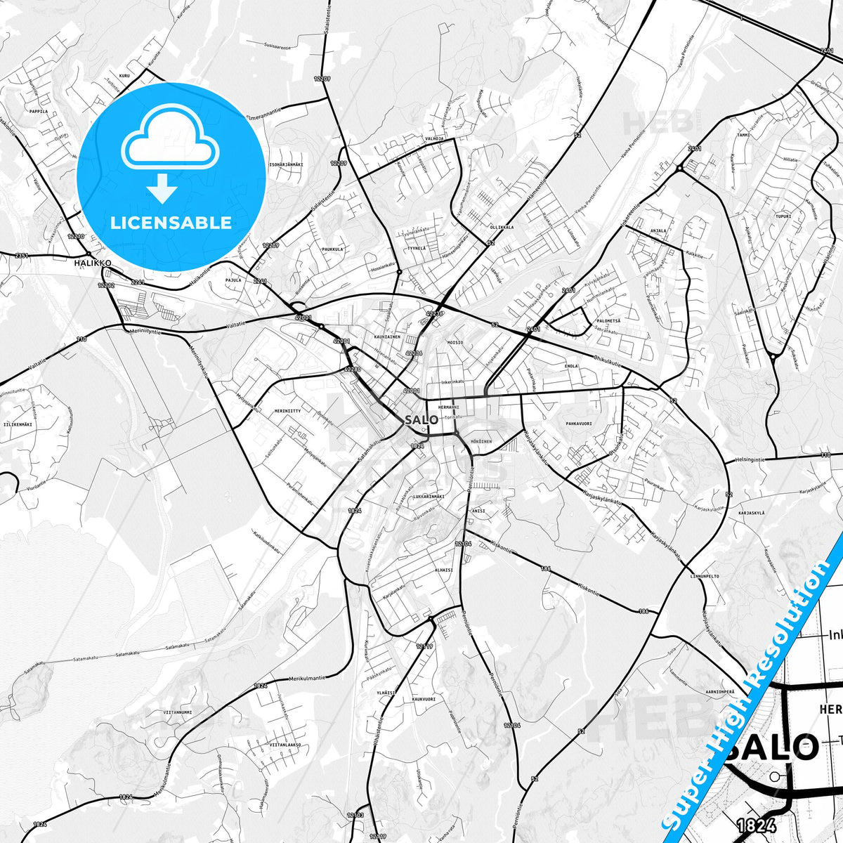 Salo, Finland Light Map with Street Names, City Names, and Districts