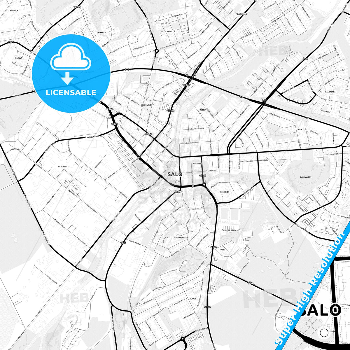 Salo, Finland Light Map with Street Names, City Names, and Districts