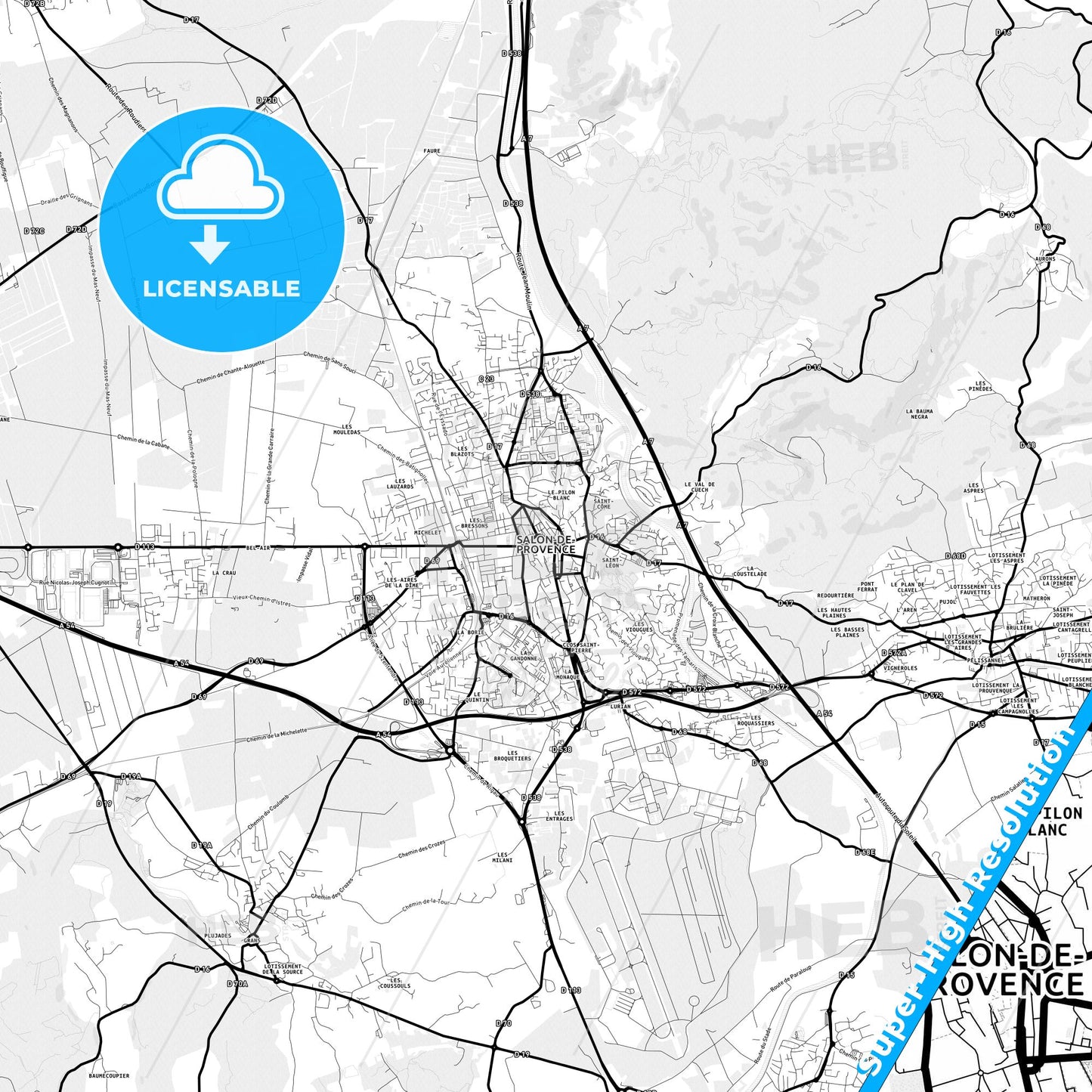 Salon-de-Provence, France Light Map with Street Names, City Names, and Districts