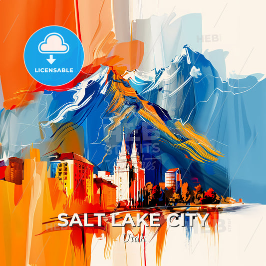 Vibrant Salt Lake City, Utah - A Painting Of A City And Mountains - Square format print template
