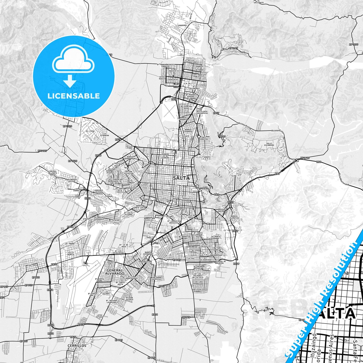Salta, Argentina light map with streetnames, citynames and districts