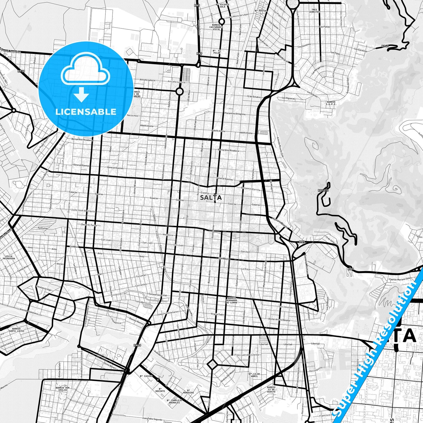 Salta, Argentina Light Map with Street Names, City Names, and Districts