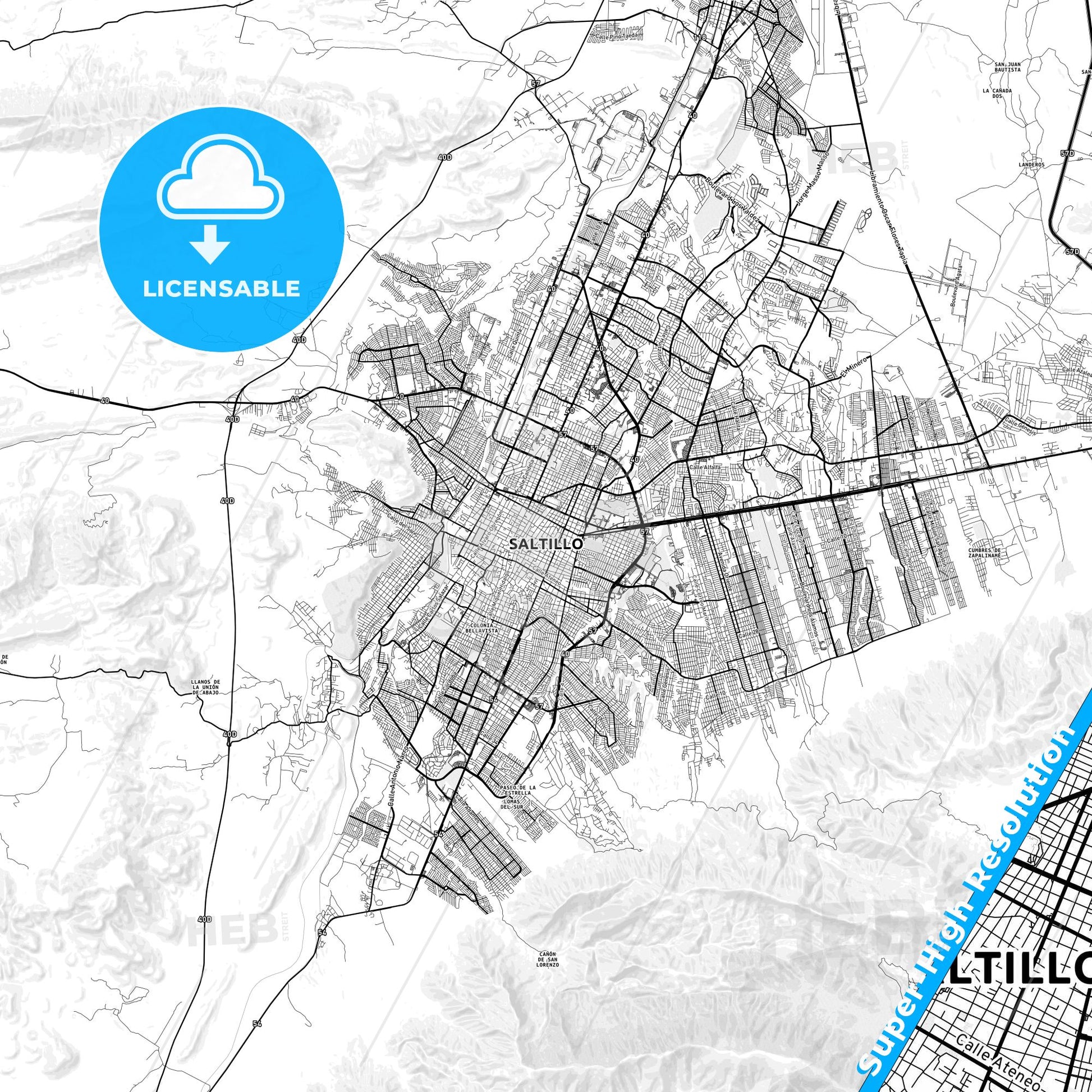 Saltillo, Mexico light map with streetnames, citynames and districts