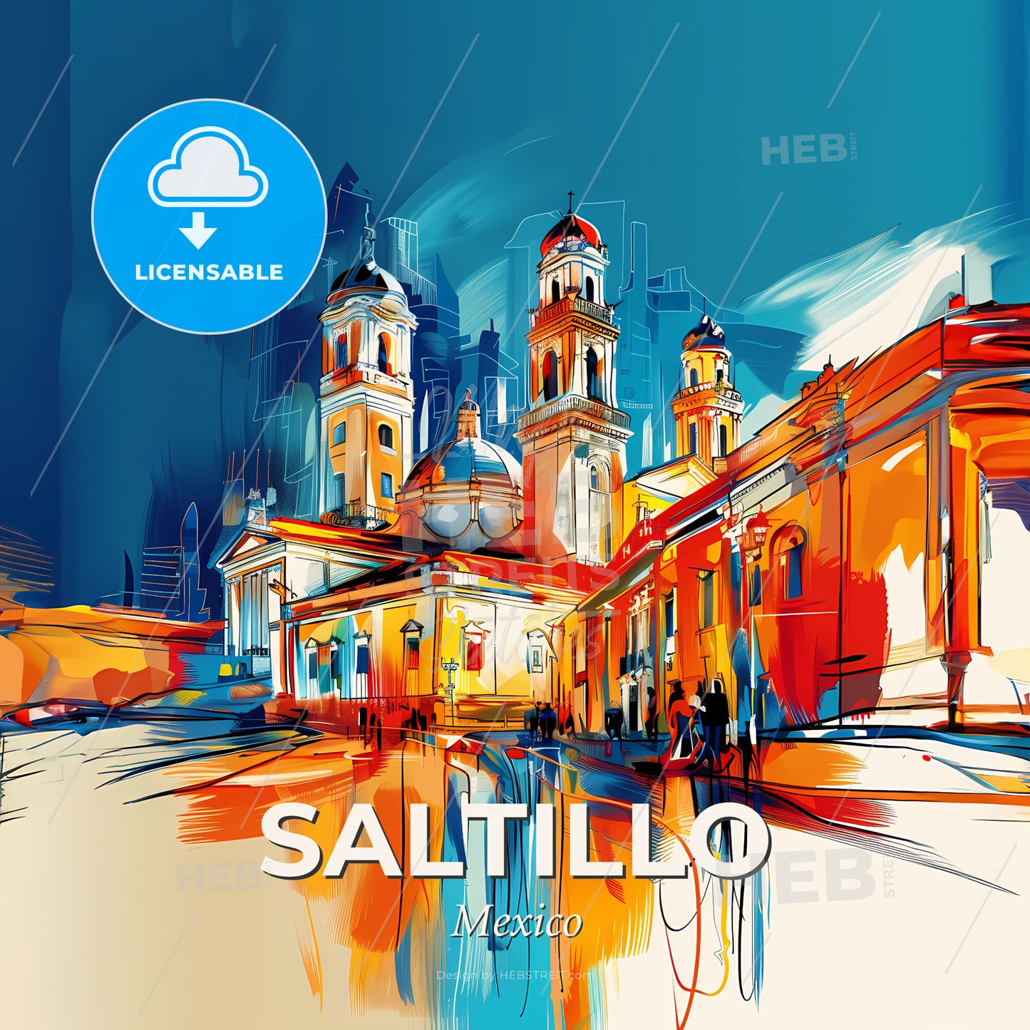Vibrant Saltillo, Mexico - A Painting Of A Building With Towers And A Street In The Background - Square format print template