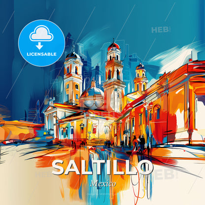 Vibrant Saltillo, Mexico - A Painting Of A Building With Towers And A Street In The Background - Square format print template