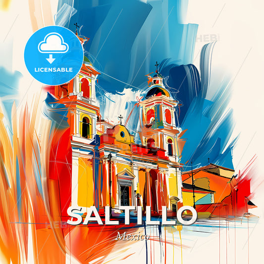 Vibrant Saltillo, Mexico - A Painting Of A Building - Square format print template