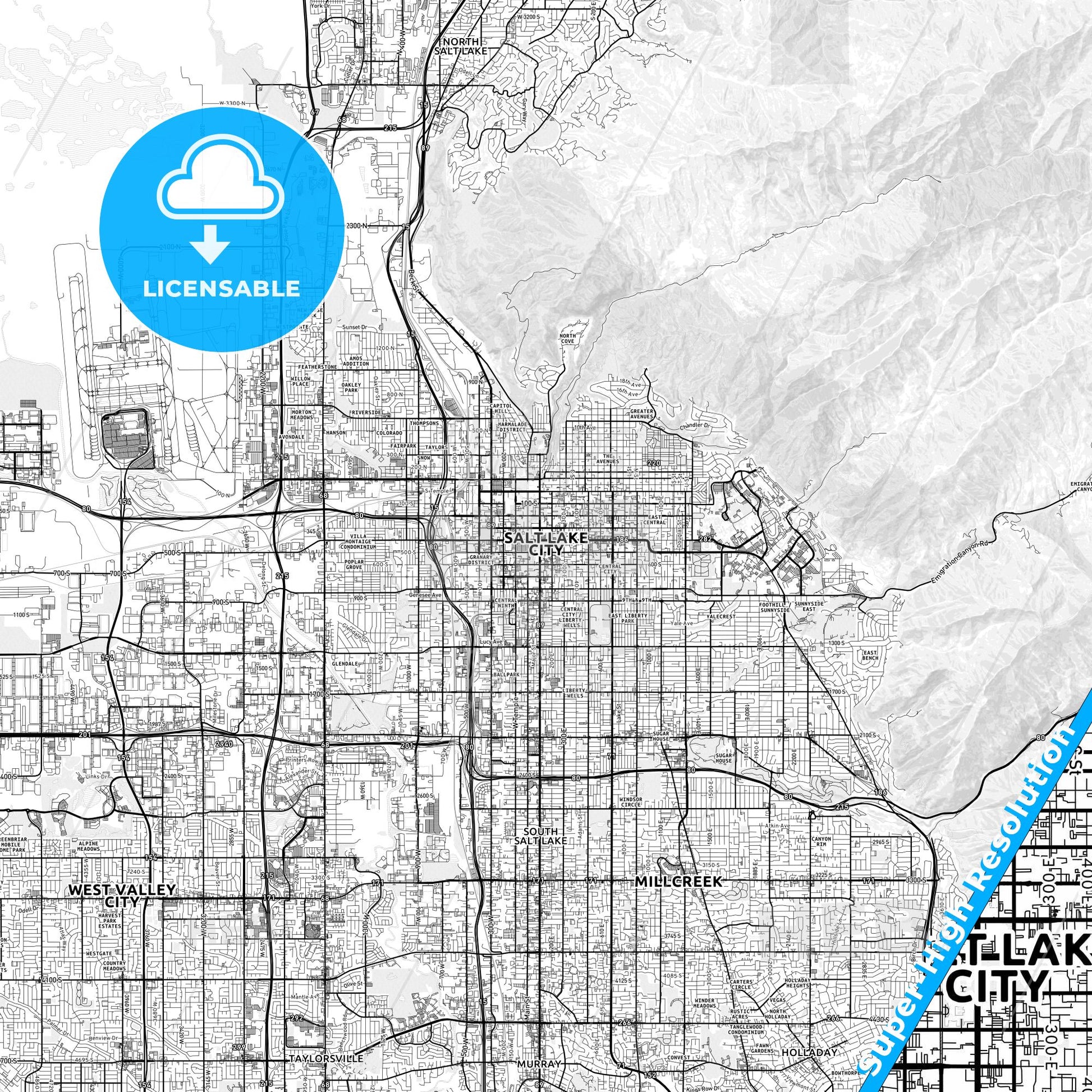 Salt Lake City, Utah light map with streetnames, citynames and districts