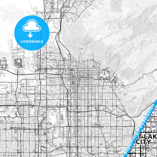 Salt Lake City, Utah light map with streetnames, citynames and districts