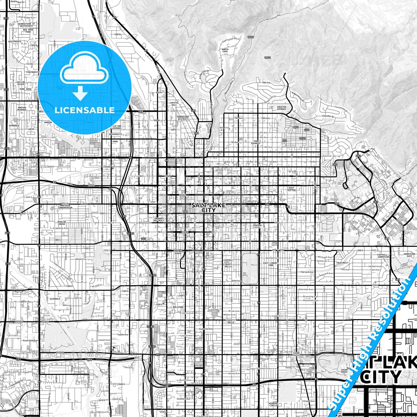 Salt Lake City, Utah Light Map with Street Names, City Names, and Districts