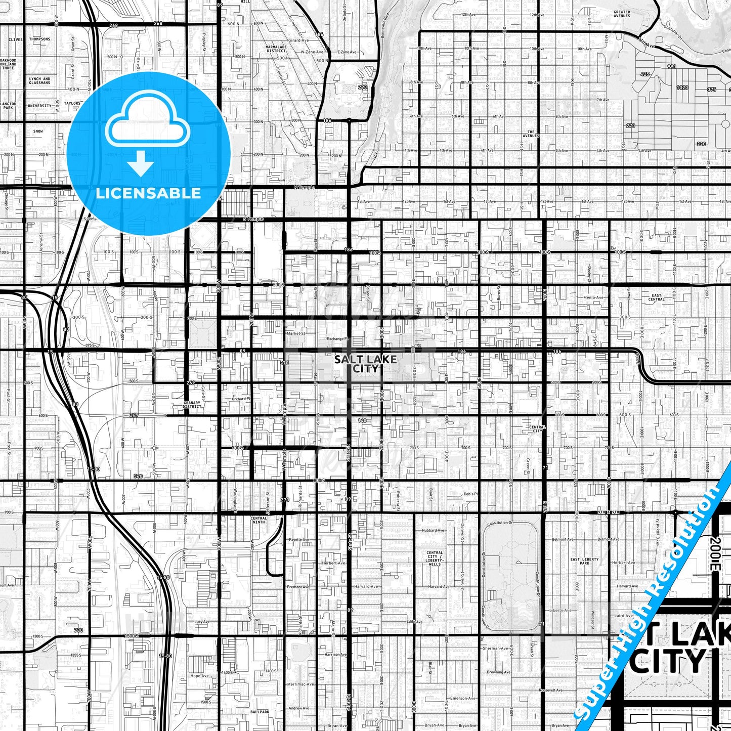 Salt Lake City, Utah Light Map with Street Names, City Names, and Districts