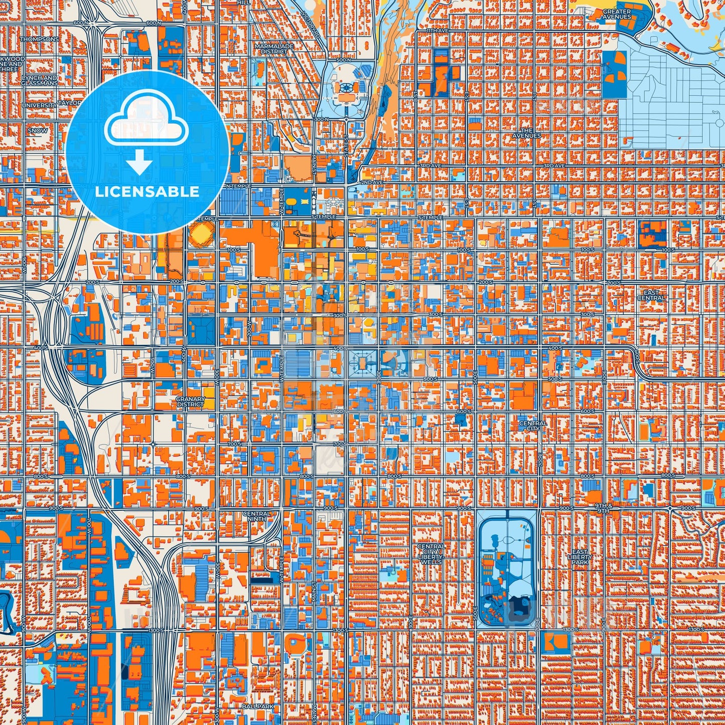 Colorful Salt Lake City Street Map with Labels and Buildings
